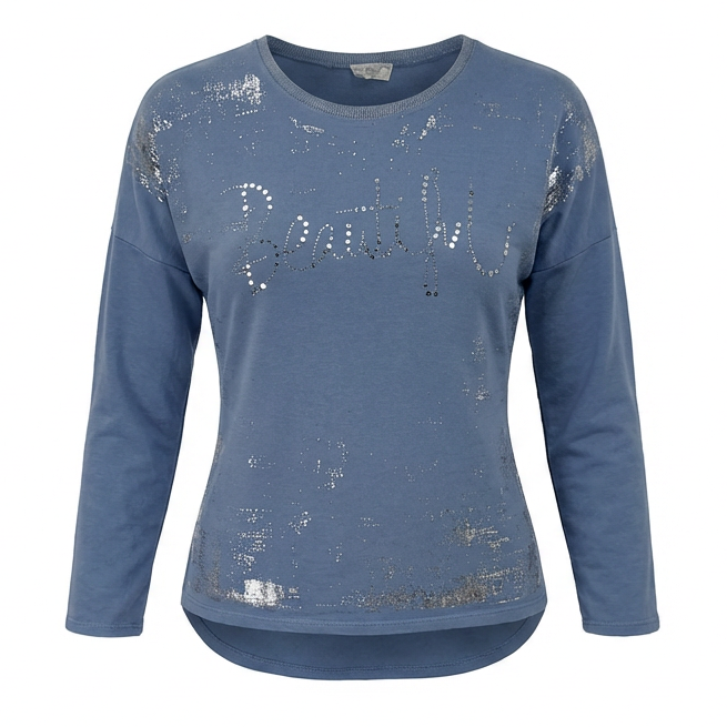 Longsleeve „Beautiful“ mit Strass-Schriftzug – Casual Glam Fit
