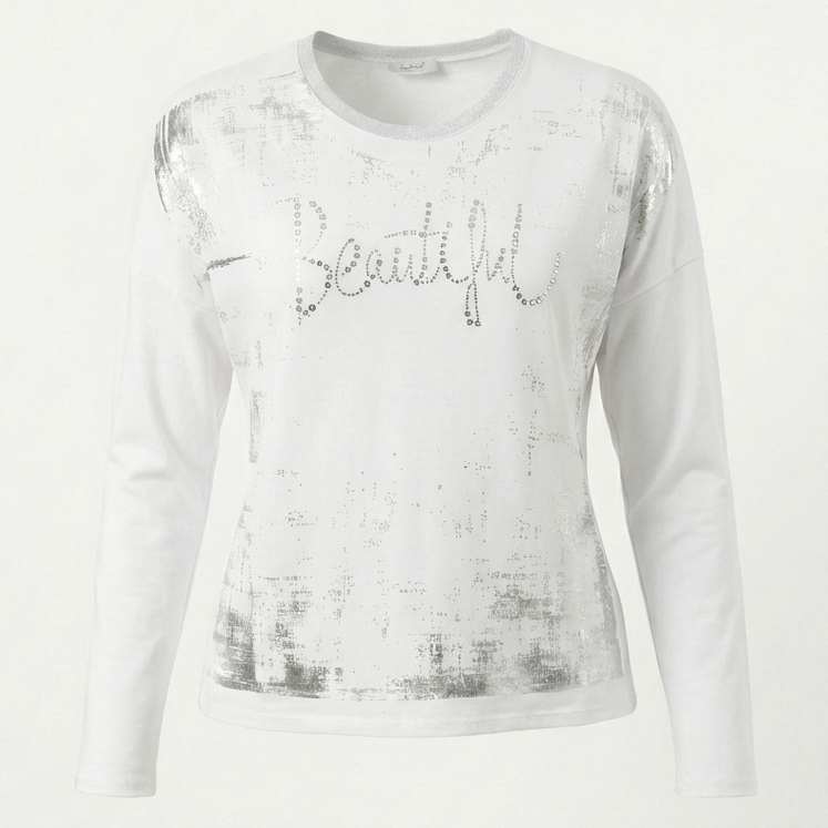 Longsleeve „Beautiful“ mit Strass-Schriftzug – Casual Glam Fit