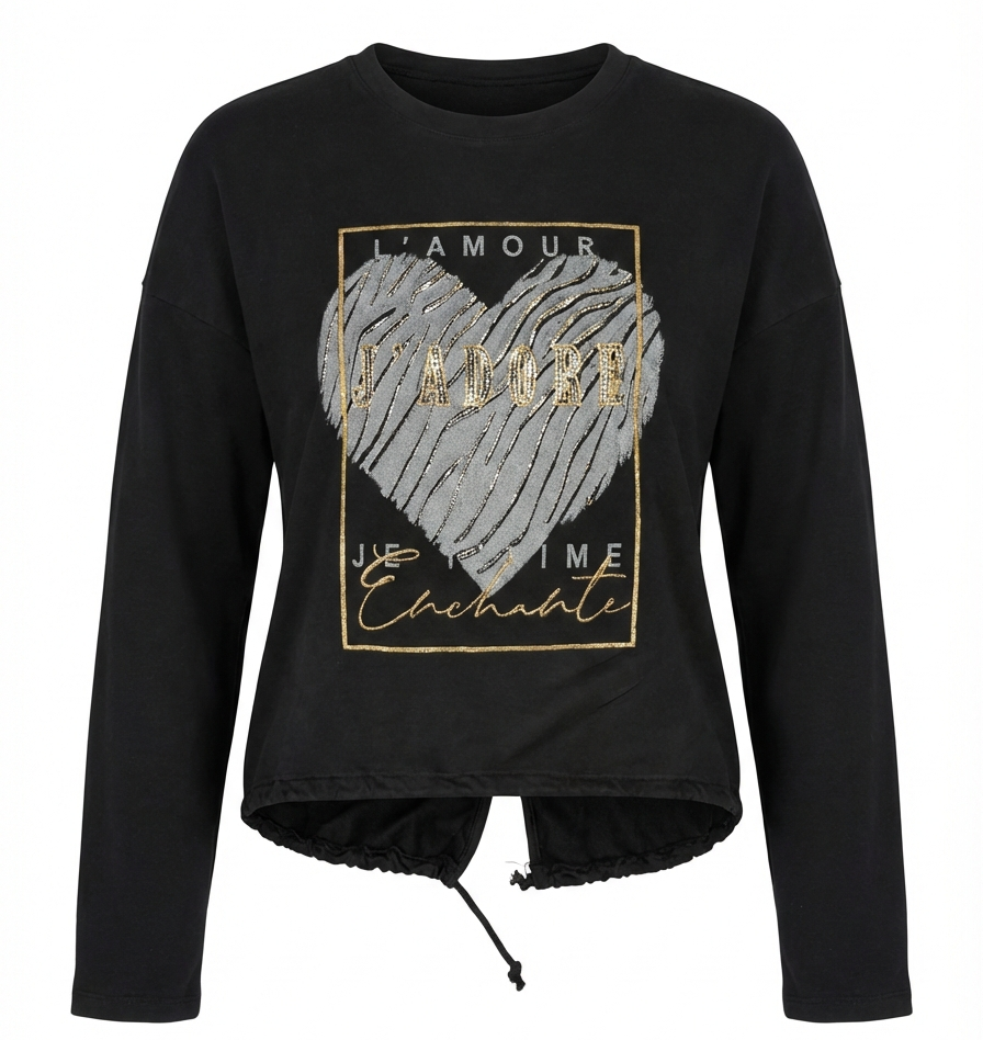 Longsleeve mit Herzmotiv & Strassdetails – „L’AMOUR“