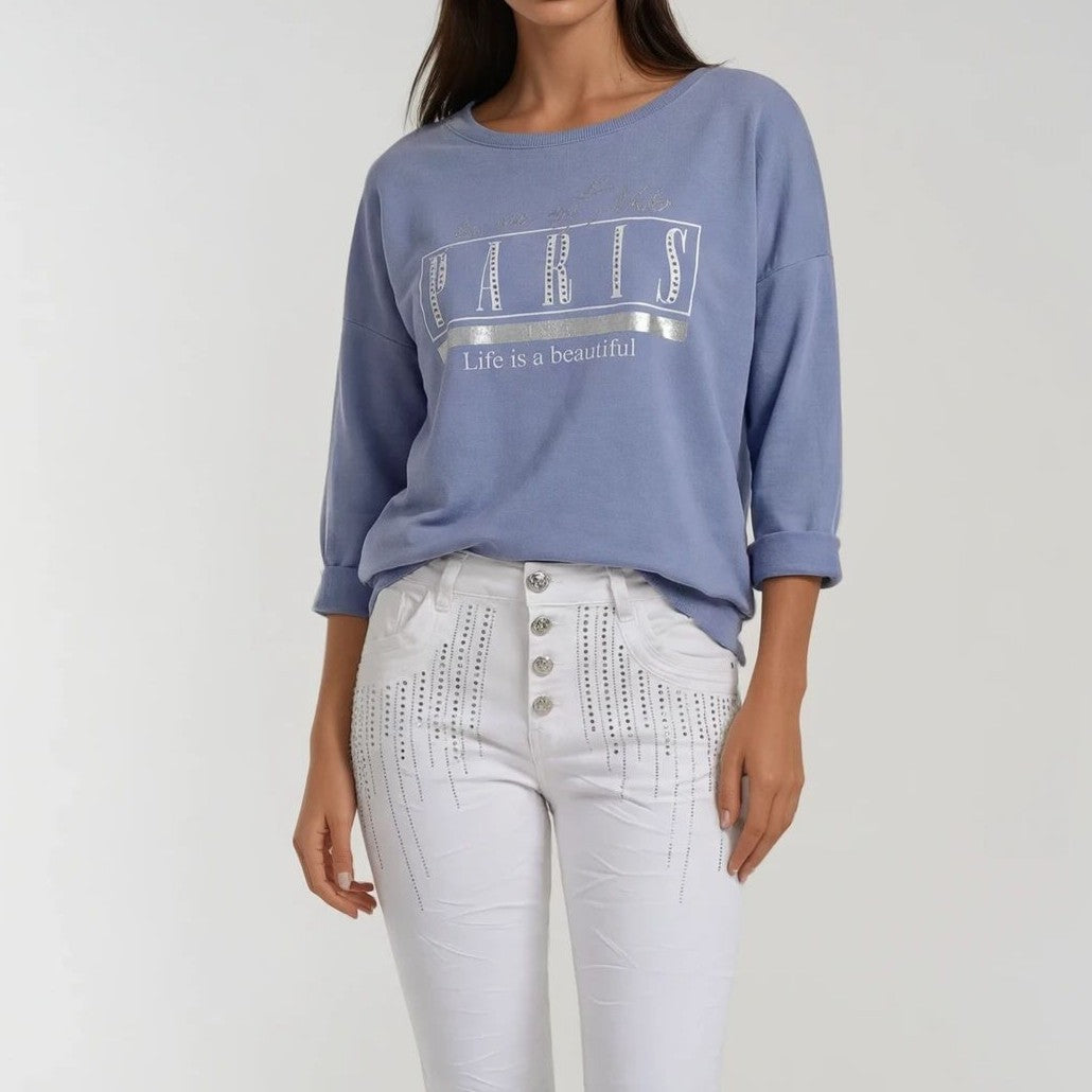 Sweatshirt „PARIS“ mit Strass-Detail – Casual Chic Fit