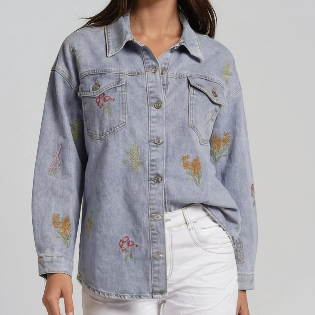 Denim Bluse mit floraler Stickerei
