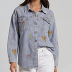 Denim Bluse mit floraler Stickerei