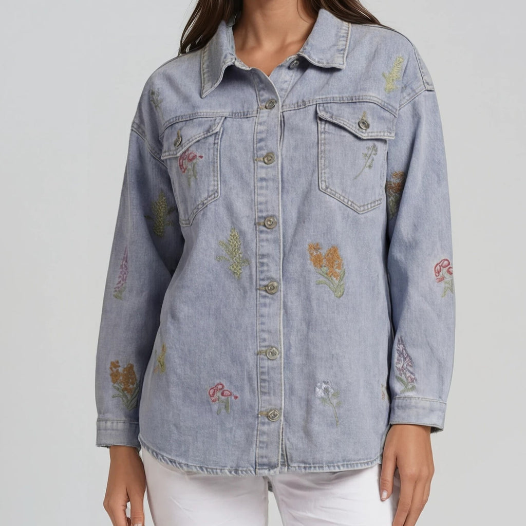 Denim Bluse mit floraler Stickerei