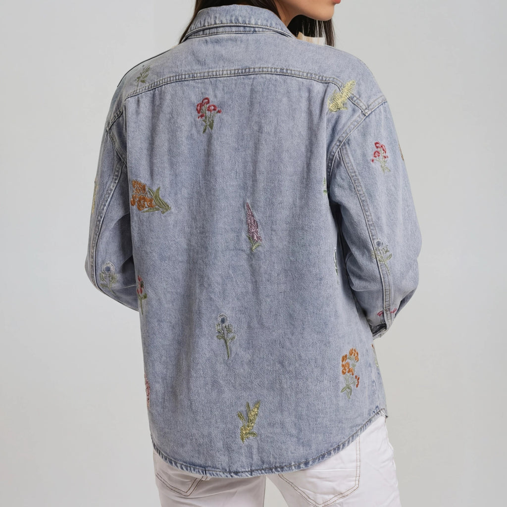 Denim Bluse mit floraler Stickerei