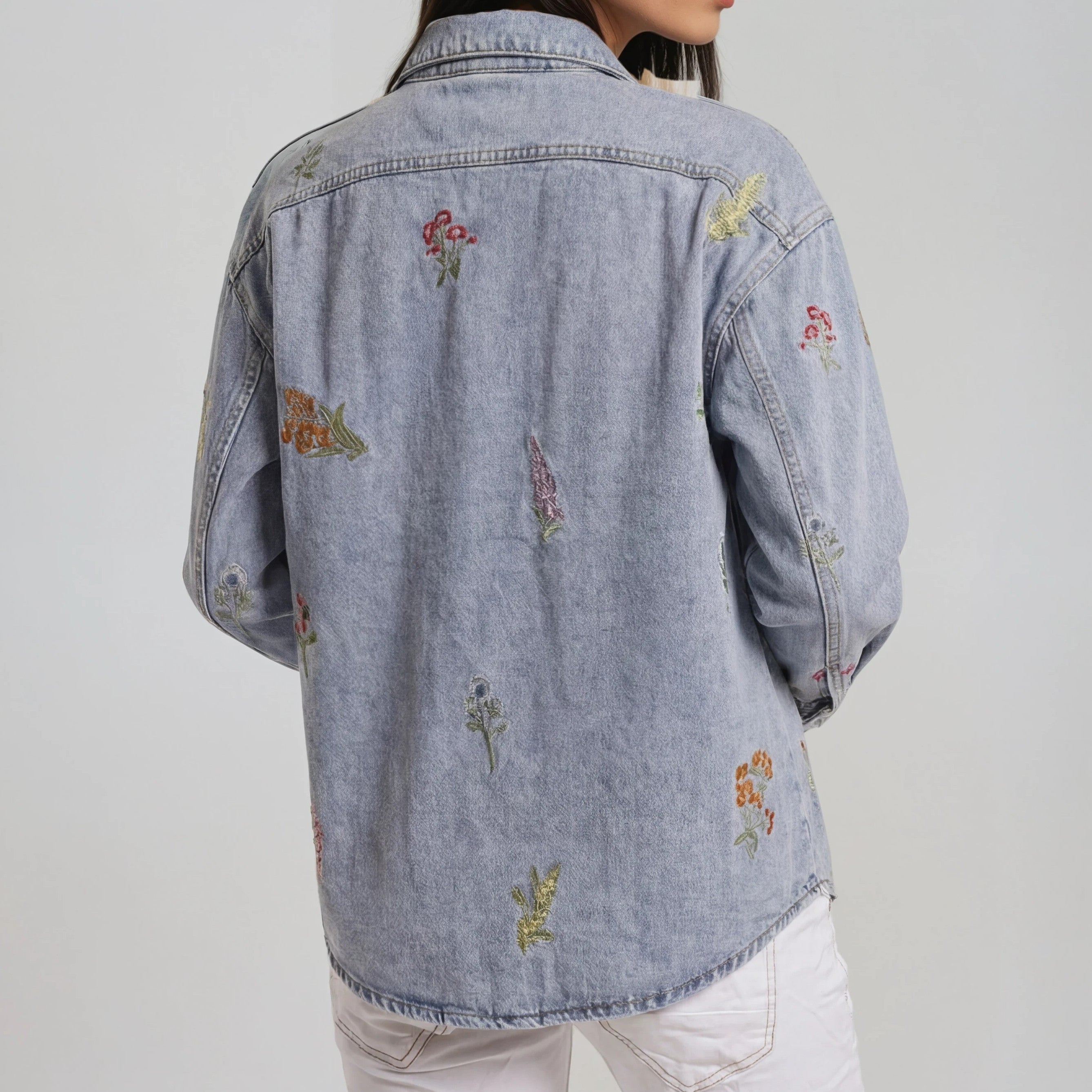 Denim Bluse mit floraler Stickerei