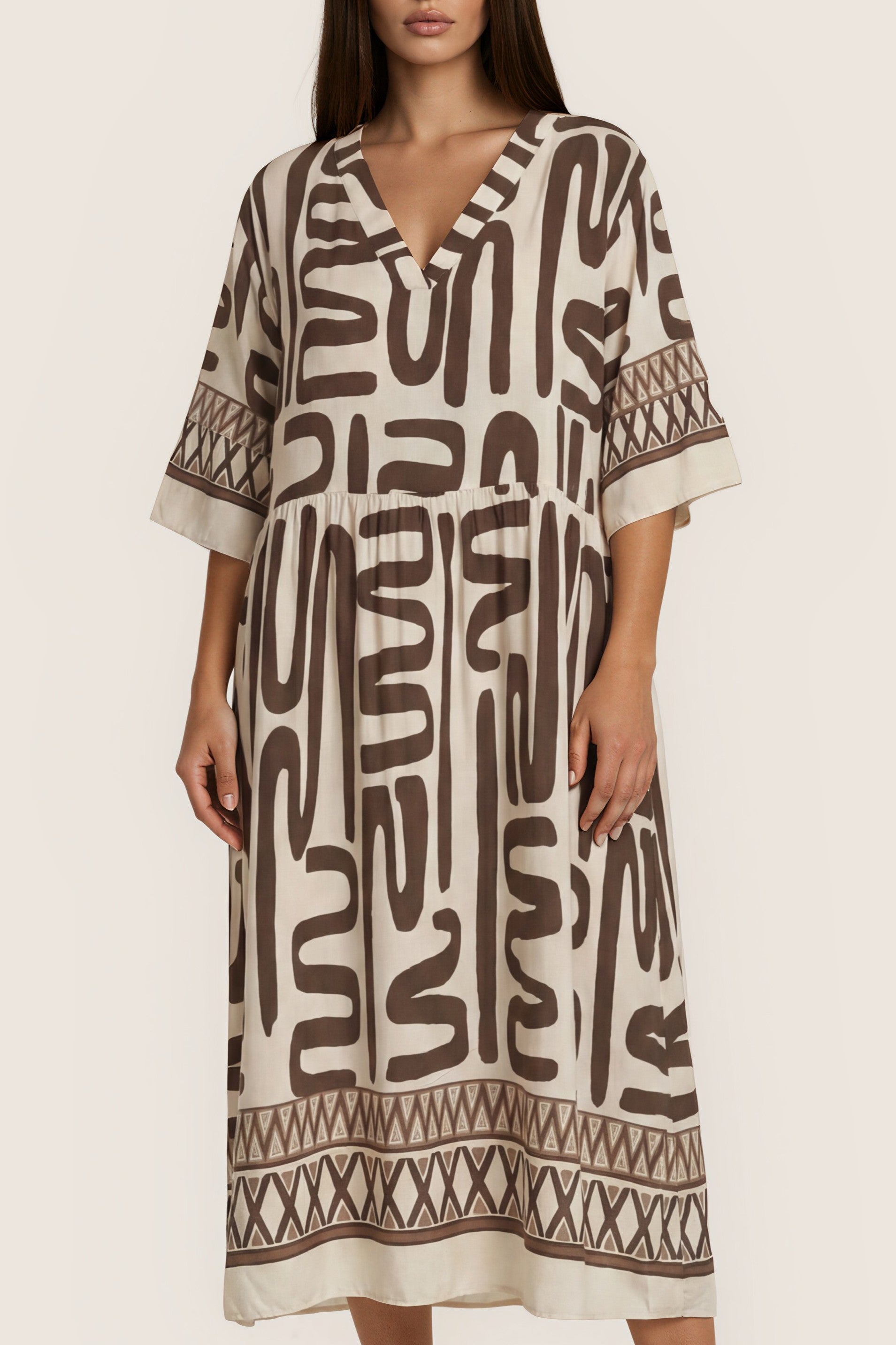 Gemustertes Midi-Kleid Ethno-Print