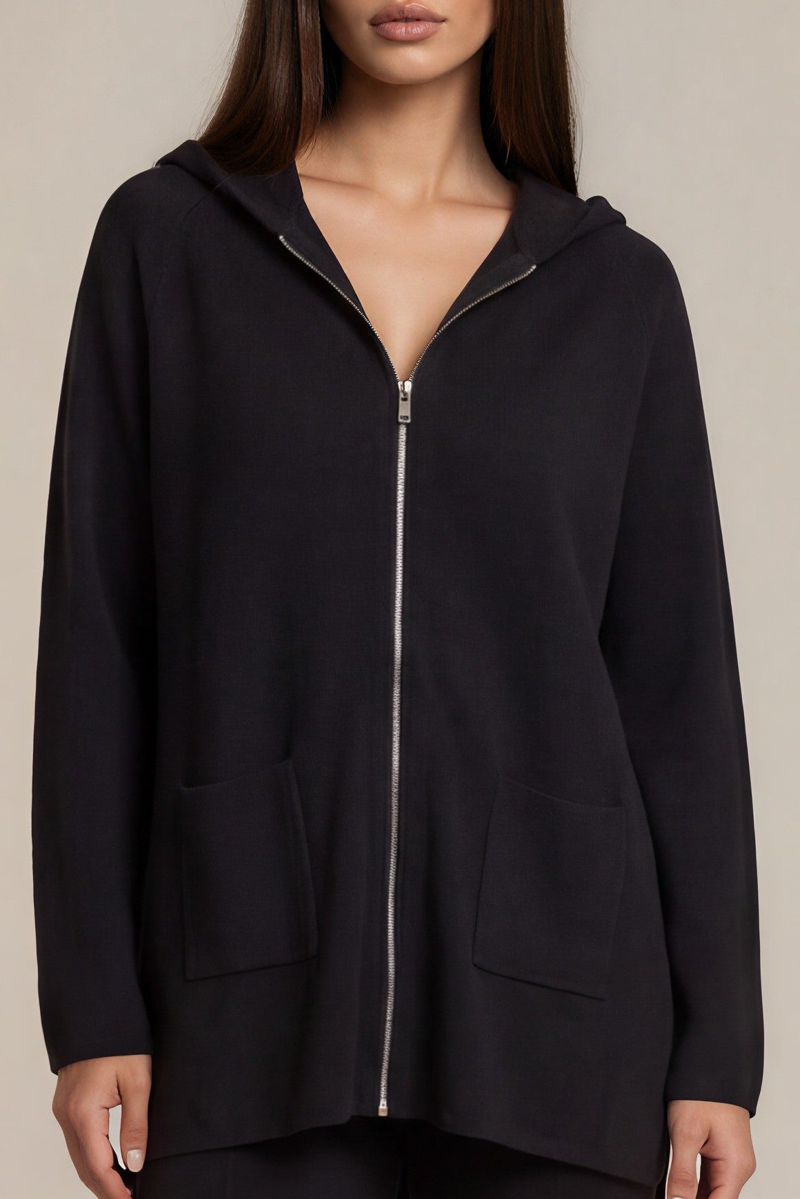 Long-Strickjacke mit Kapuze und Reißverschluss