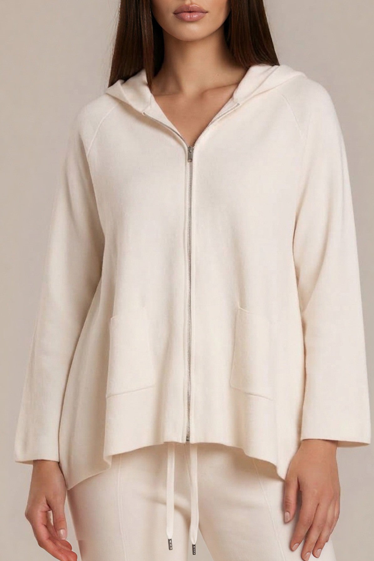 Long-Strickjacke mit Kapuze und Reißverschluss