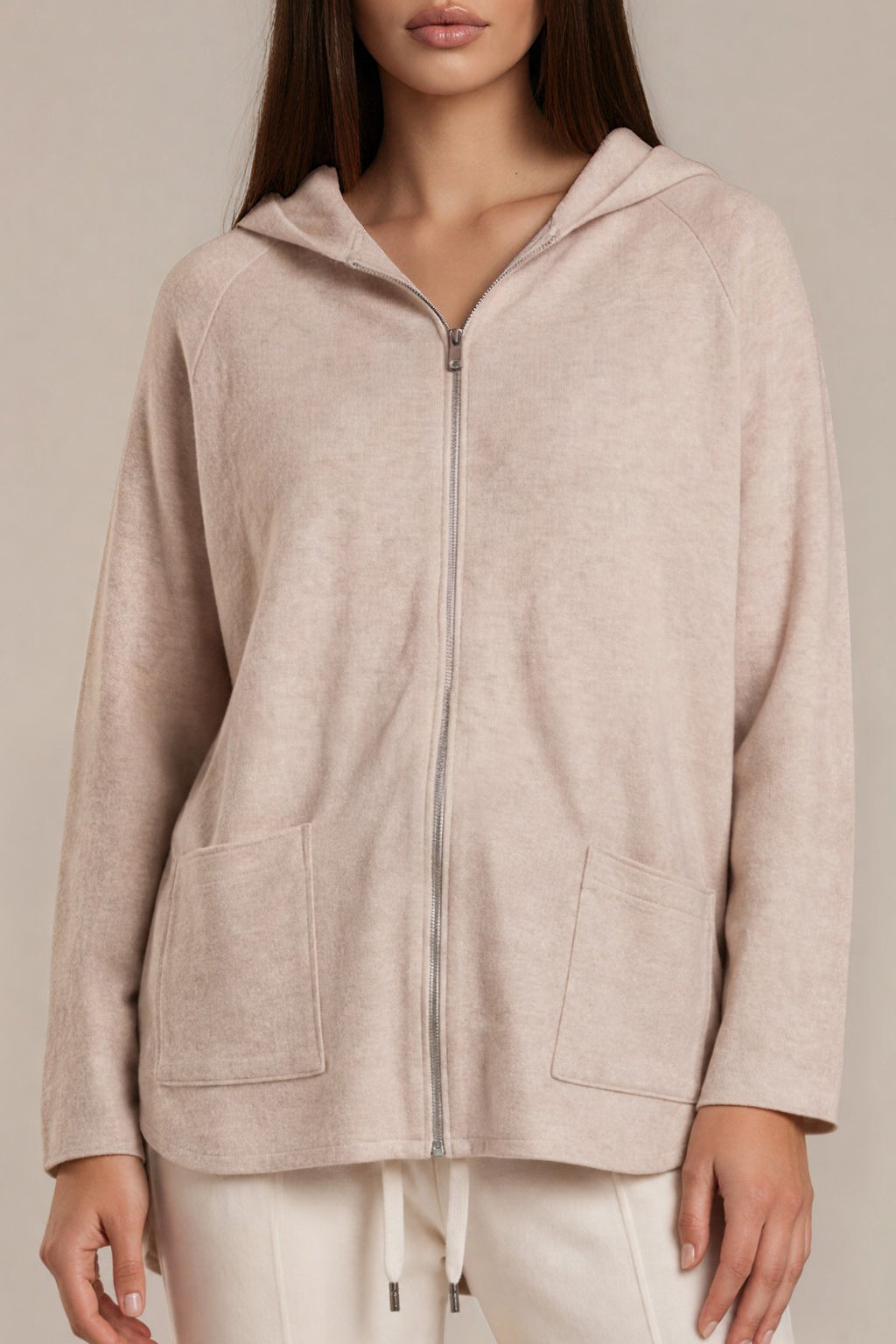 Long-Strickjacke mit Kapuze und Reißverschluss