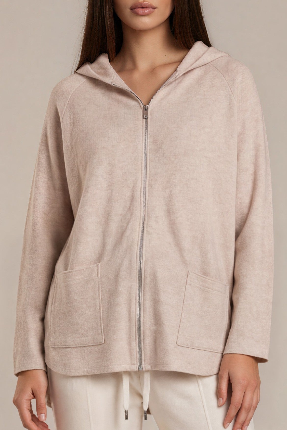 Long-Strickjacke mit Kapuze und Reißverschluss