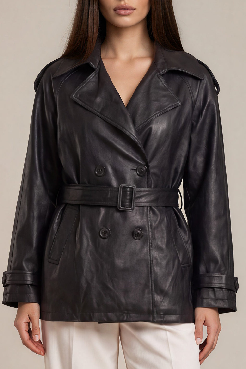 Trenchjacke in Lederoptik mit Gürtel