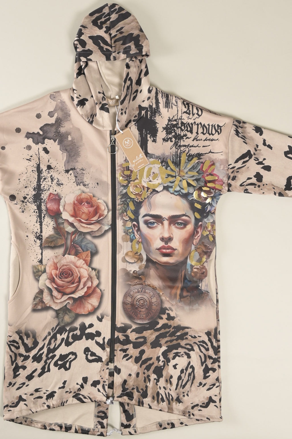 Long-Hoodie mit Frida-, Rosen- und Animal-Print