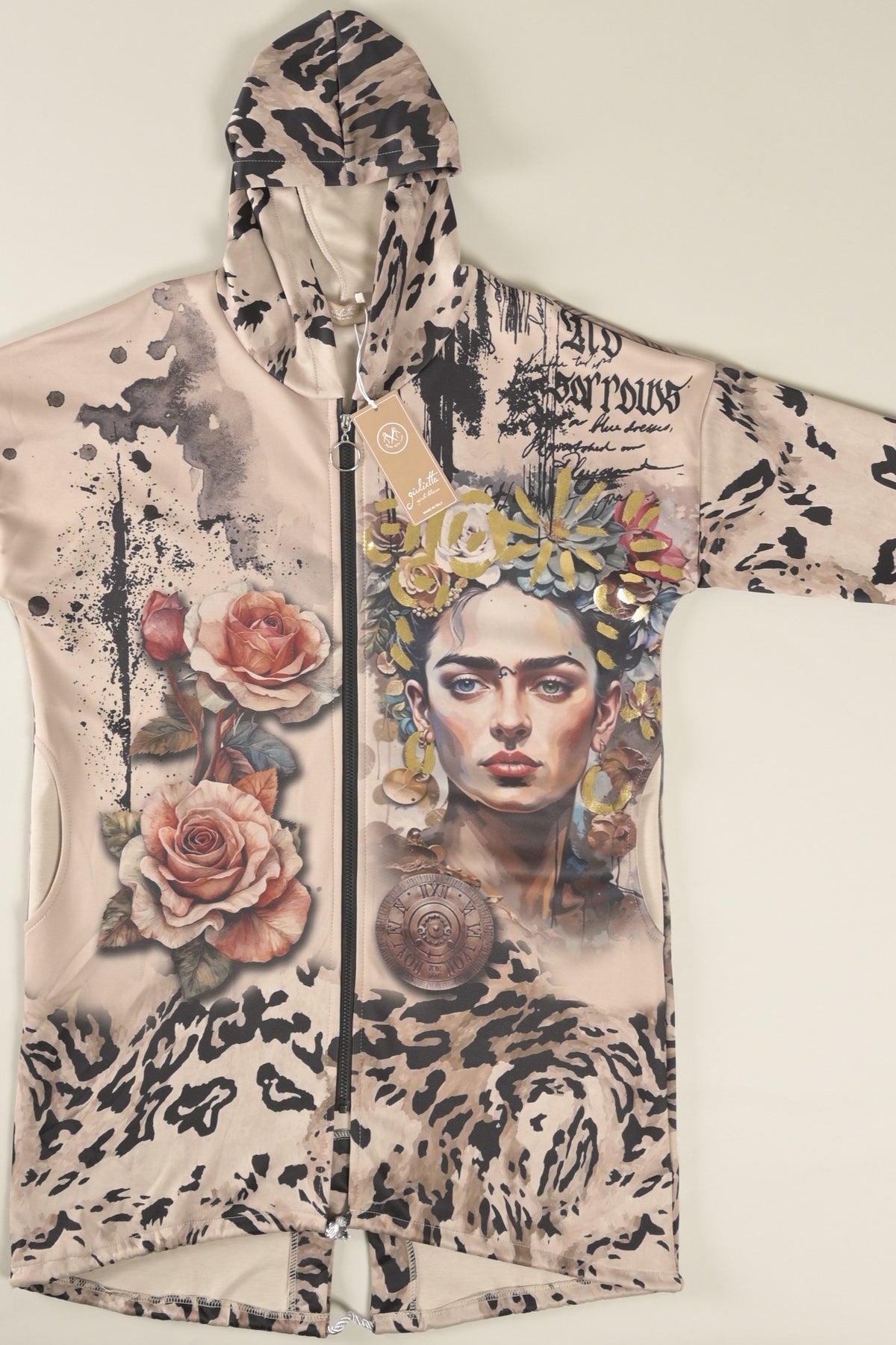 Long-Hoodie mit Frida-, Rosen- und Animal-Print