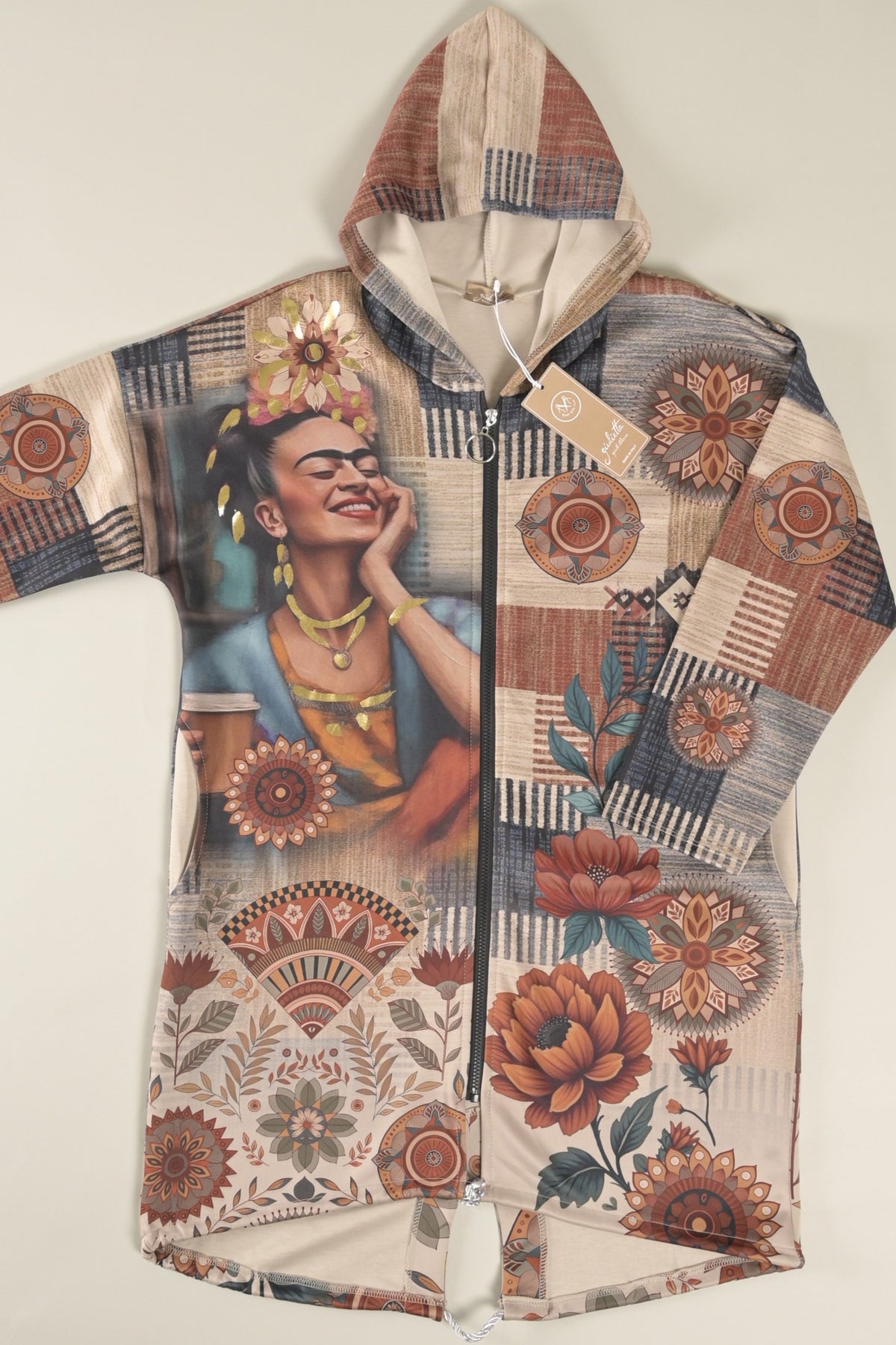 Long-Hoodie mit Frida- und Blumenprint