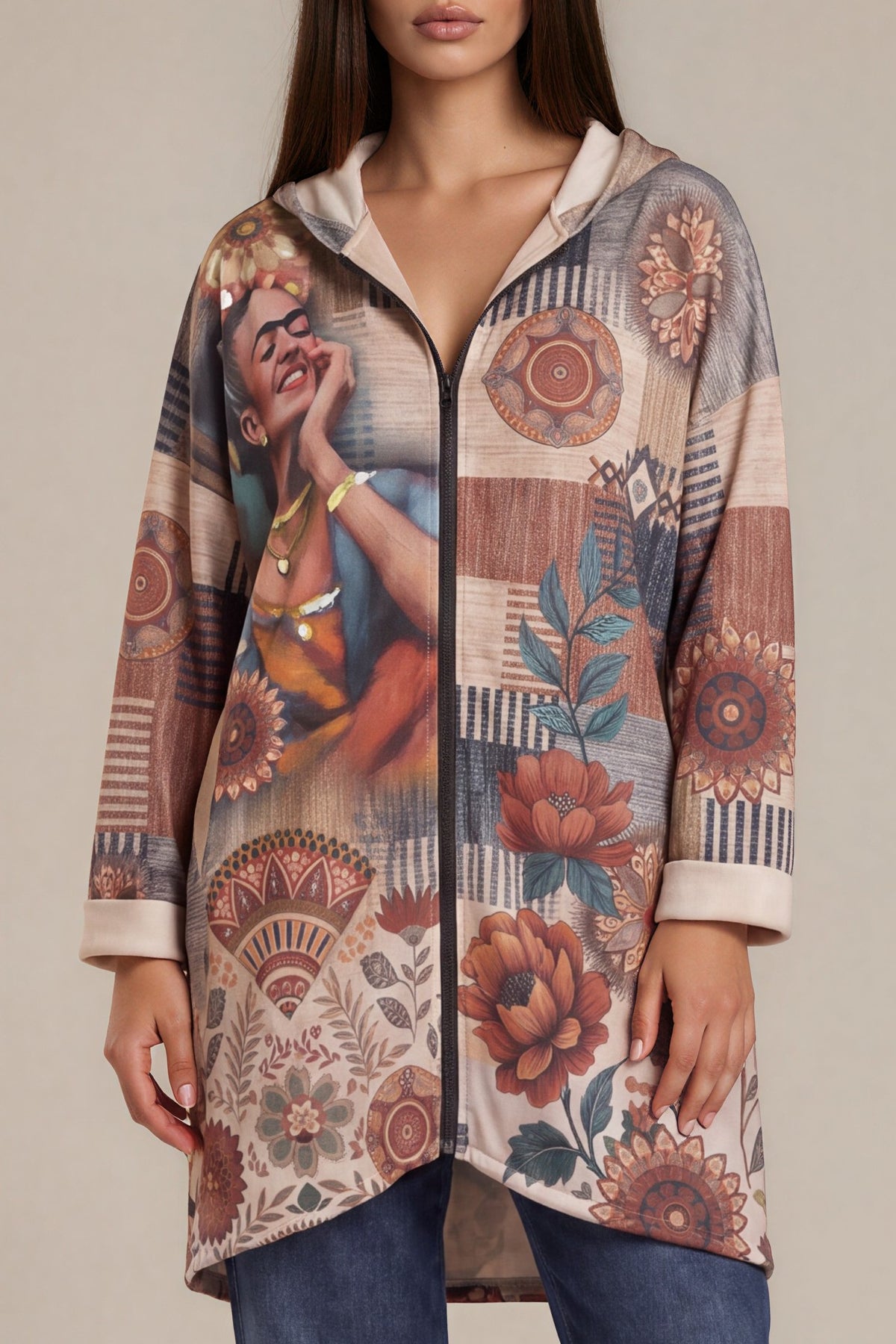 Long-Hoodie mit Frida- und Blumenprint