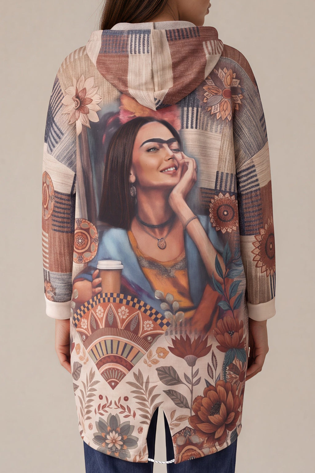 Long-Hoodie mit Frida- und Blumenprint