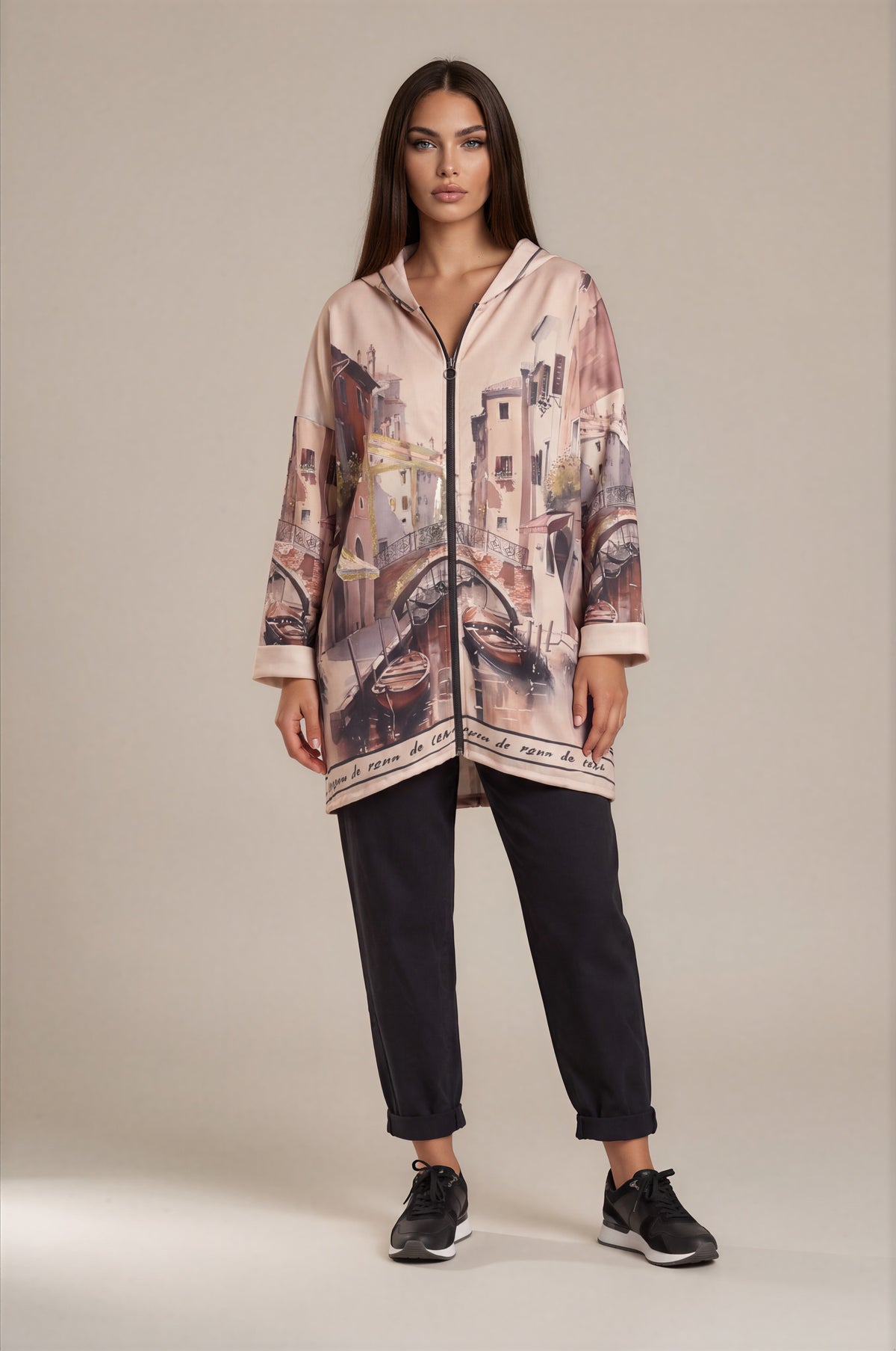Long-Hoodie mit Italien-Motiv und Goldakzenten