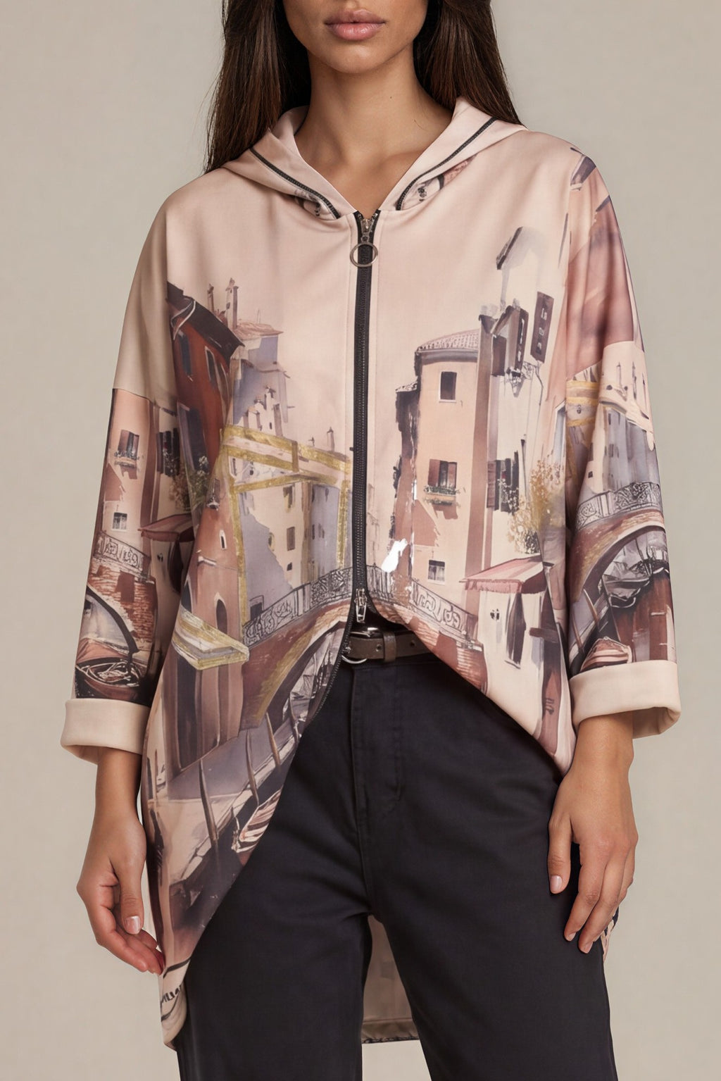 Long-Hoodie mit Italien-Motiv und Goldakzenten