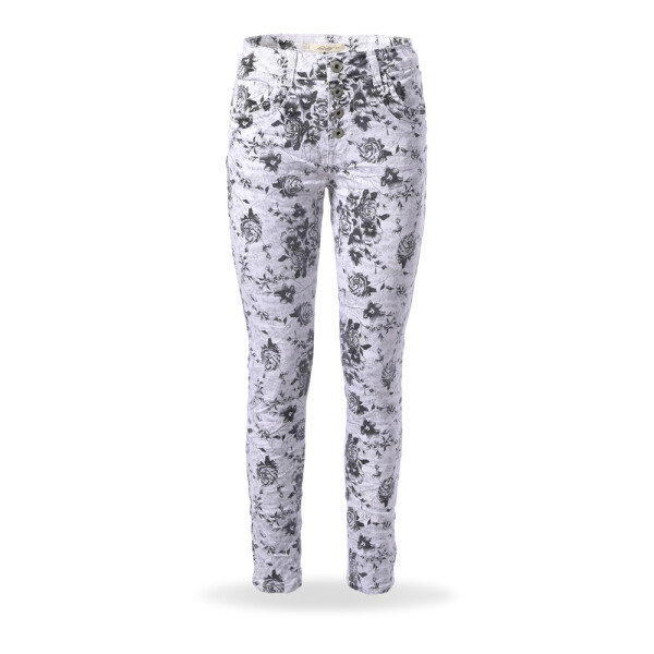 Jewelly Damen Jeans mit floralem Print by Lexxury - Stretch Jeans im Baggy Boyfriend mit Knopfleiste
