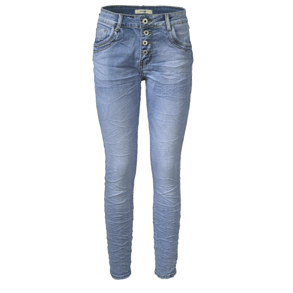 Jewelly Damen Stretch Jeans Five-Pocket im Crash-Look | Boyfriend Hose mit sichtbarer Knopfleiste L/40 Hellblau