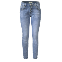 Jewelly Damen Stretch Jeans Five-Pocket im Crash-Look | Boyfriend Hose mit sichtbarer Knopfleiste L/40 Hellblau