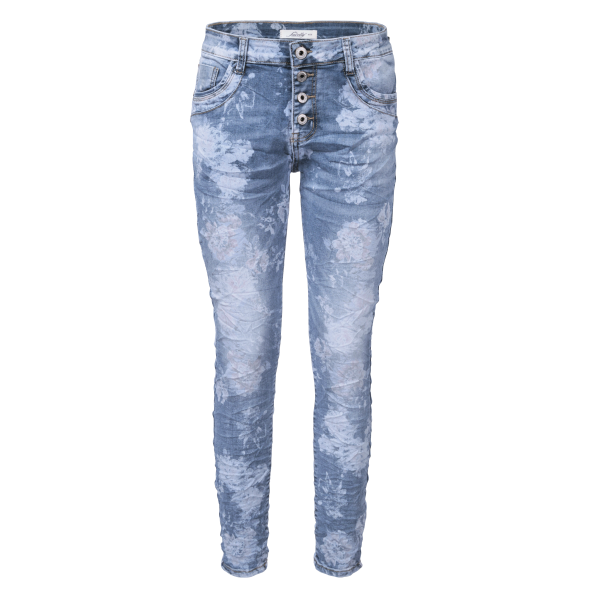 Jewelly Damen Stretch Boyfriend Jeans mit Blumen Print - Five-Pocket im Crash-Look