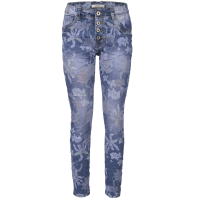 Jewelly Damen Stretch Boyfriend Jeans mit Blumen Print - Five-Pocket im Crash-Look