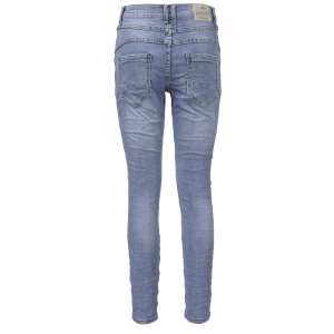Jewelly Damen Stretch Jeans Five-Pocket im Crash-Look | Boyfriend Hose mit sichtbarer Knopfleiste S/36 Hellblau