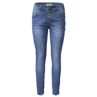 Jewelly Damen Stretch Jeans Five-Pocket im Crash-Look | Boyfriend Hose mit sichtbarer Knopfleiste|