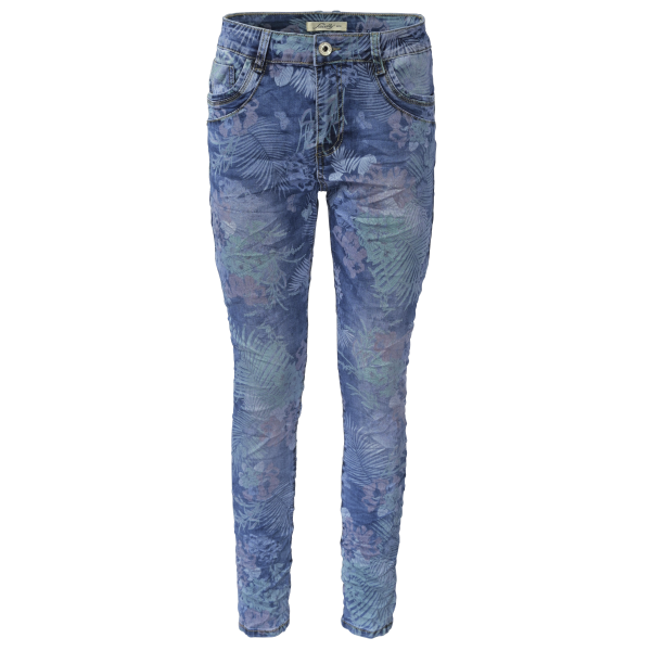 Jewelly Damen Stretch Boyfriend Jeans mit Blumen Print - Five-Pocket im Crash-Look XS/34 Denim