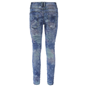 Jewelly Damen Stretch Boyfriend Jeans mit Blumen Print - Five-Pocket im Crash-Look L/40 Denim