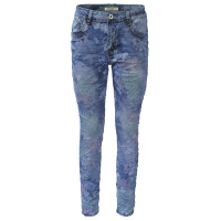 Jewelly Damen Stretch Boyfriend Jeans mit Blumen Print - Five-Pocket im Crash-Look XL/42 Denim