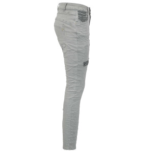 Jewelly Damen Stretch Boyfriend Jeans -  Patches Aufnäher - Five-Pocket im Crash-Look Grau L/40