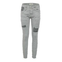Jewelly Damen Stretch Boyfriend Jeans -  Patches Aufnäher - Five-Pocket im Crash-Look Grau L/40