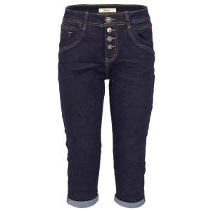 Jewelly Damen Capri Jeans im Crash-Look | Boyfriend Hose und sichtbarer Knopfleiste mit Schmuckknöpfen XS/34
