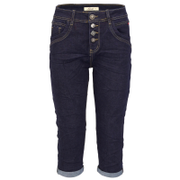 Jewelly Damen Capri Jeans im Crash-Look | Boyfriend Hose und sichtbarer Knopfleiste mit Schmuckknöpfen XS/34