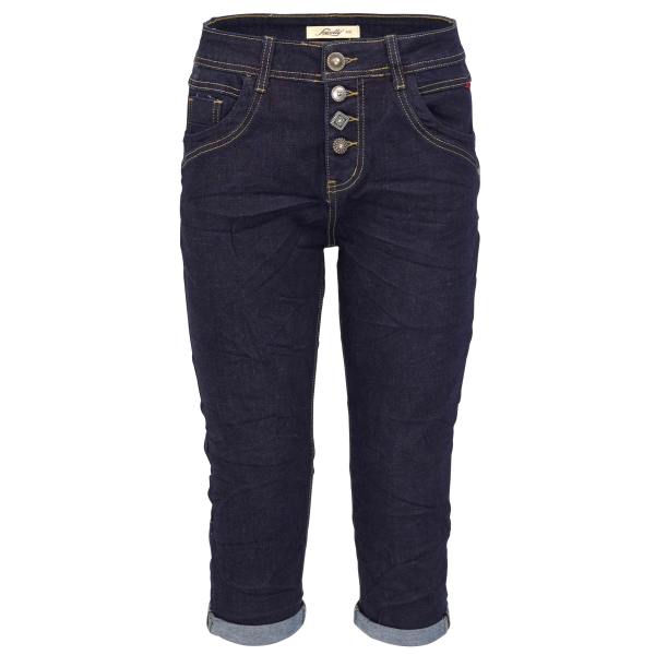 Jewelly Damen Capri Jeans im Crash-Look | Boyfriend Hose und sichtbarer Knopfleiste mit Schmuckknöpfen XL/42