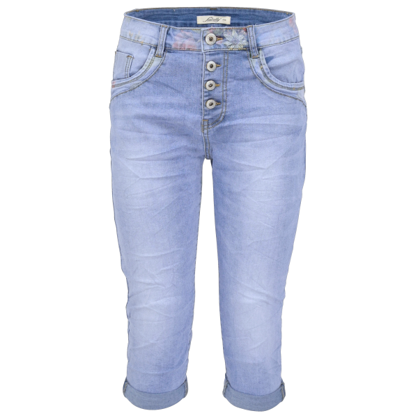 Jewelly Damen Capri Jeans im Crash-Look | Boyfriend Hose mit Blumenprint und sichtbarer Knopfleiste XS/34