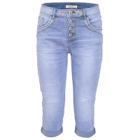 Jewelly Damen Capri Jeans im Crash-Look | Boyfriend Hose mit Blumenprint und sichtbarer Knopfleiste XS/34