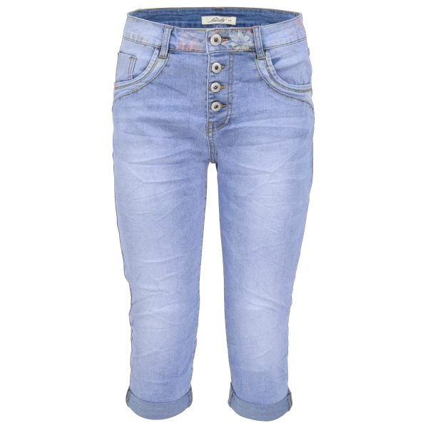 Jewelly Damen Capri Jeans im Crash-Look | Boyfriend Hose mit Blumenprint und sichtbarer Knopfleiste M/38