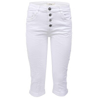 Jewelly Damen Capri Jeans im Crash-Look | Boyfriend Hose mit sichtbarer Knopfleiste und mit Schmuckknöpfen