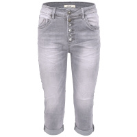 Jewelly Damen Capri Jeans im Crash-Look | Boyfriend Hose mit sichtbarer Knopfleiste und mit Schmuckknöpfen XL/42 Grau