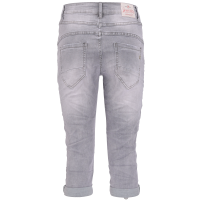 Jewelly Damen Capri Jeans im Crash-Look | Boyfriend Hose mit sichtbarer Knopfleiste und mit Schmuckknöpfen XL/42 Grau