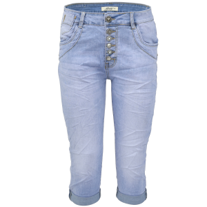 Jewelly Damen Capri Jeans im Crash-Look | Boyfriend Hose mit sichtbarer Knopfleiste und mit Schmuckknöpfen XS/34