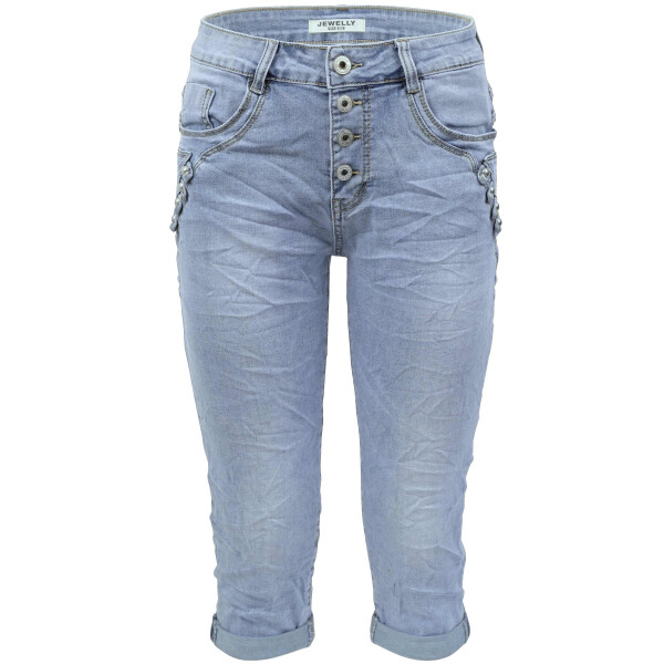 Jewelly Damen Capri Jeans im Crash-Look  | Boyfriend Hose mit sichtbarer Knopfleiste und mit Ziernieten XS/34 Hellblau
