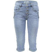 Jewelly Damen Capri Jeans im Crash-Look  | Boyfriend Hose mit sichtbarer Knopfleiste und mit Ziernieten XS/34 Hellblau