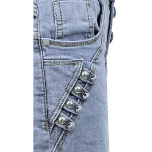 Jewelly Damen Capri Jeans im Crash-Look  | Boyfriend Hose mit sichtbarer Knopfleiste und mit Ziernieten S/36 Hellblau