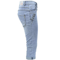 Jewelly Damen Capri Jeans im Crash-Look  | Boyfriend Hose mit sichtbarer Knopfleiste und mit Ziernieten S/36 Hellblau