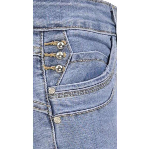 Jewelly Damen Capri Jeans im Crash-Look  | Boyfriend Hose mit sichtbarer Knopfleiste und mit Ziernieten M/38 Hellblau