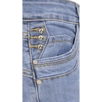 Jewelly Damen Capri Jeans im Crash-Look  | Boyfriend Hose mit sichtbarer Knopfleiste und mit Ziernieten M/38 Hellblau